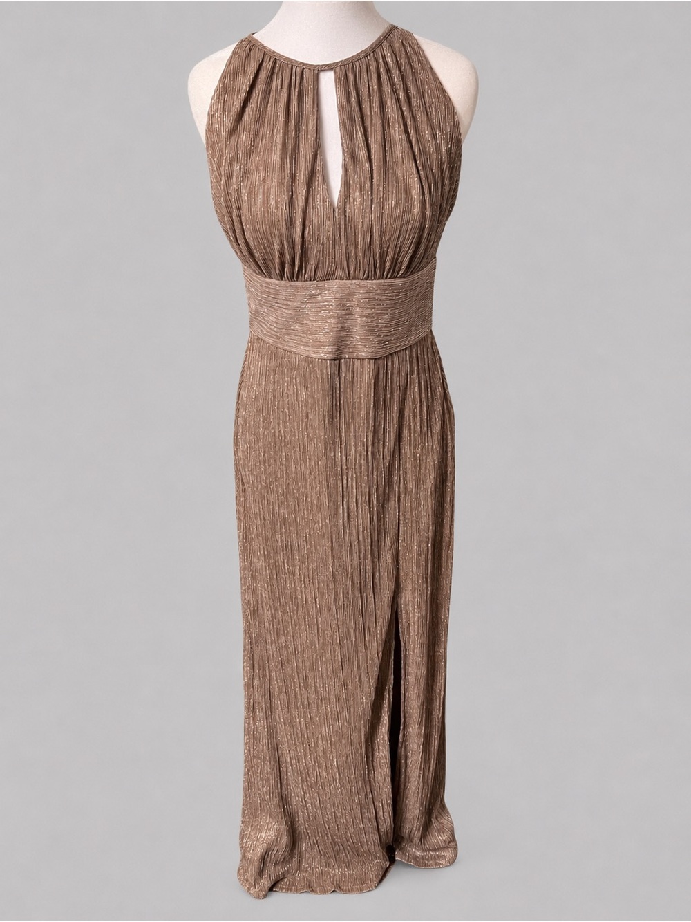 R&M Richards Shimmery Taupe Halter Maxi Dress no tag but fits like a 4